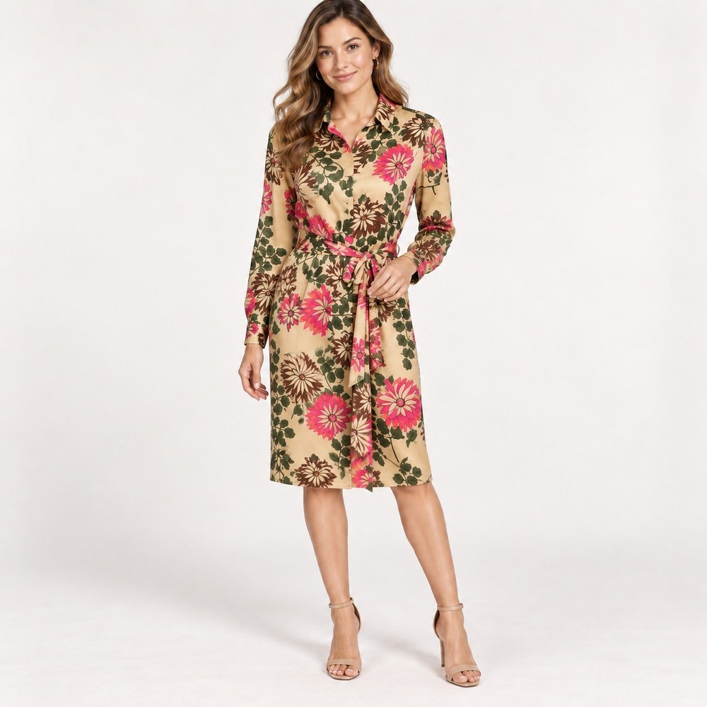 Flora Bea NYC Womens Natalie Floral Belted Shirt Dress L Gold Pink Retro NWT